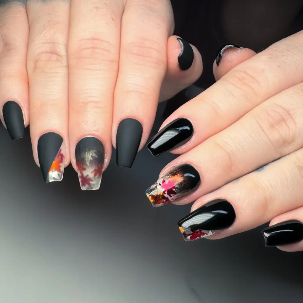 Black Autumn Leaf Coffin Nails