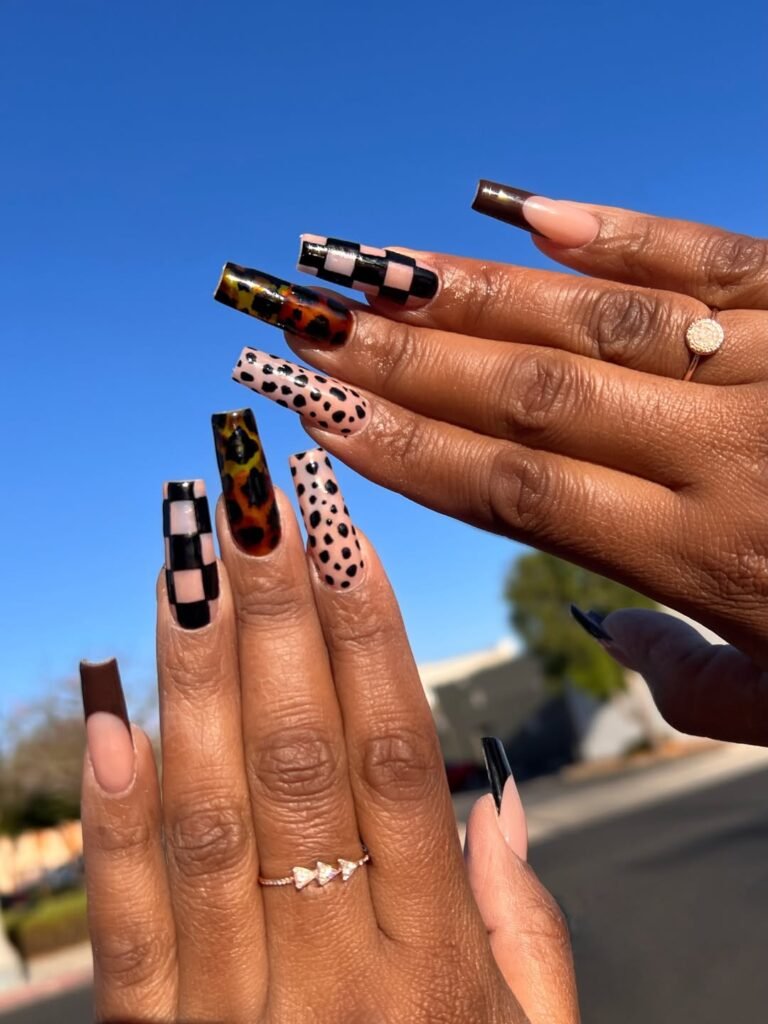Brown Checkerboard Coffin Nails