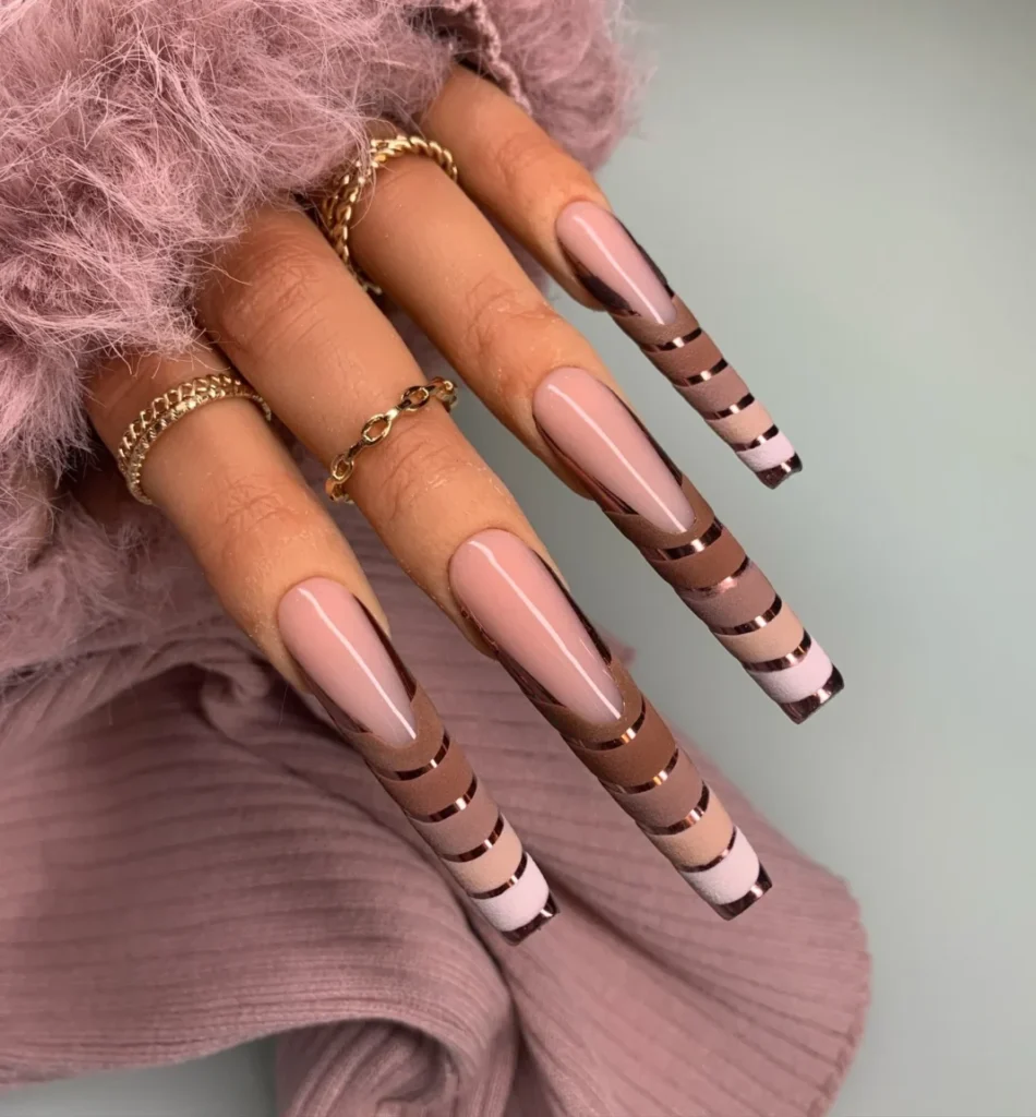Brown Striped Coffin Nails