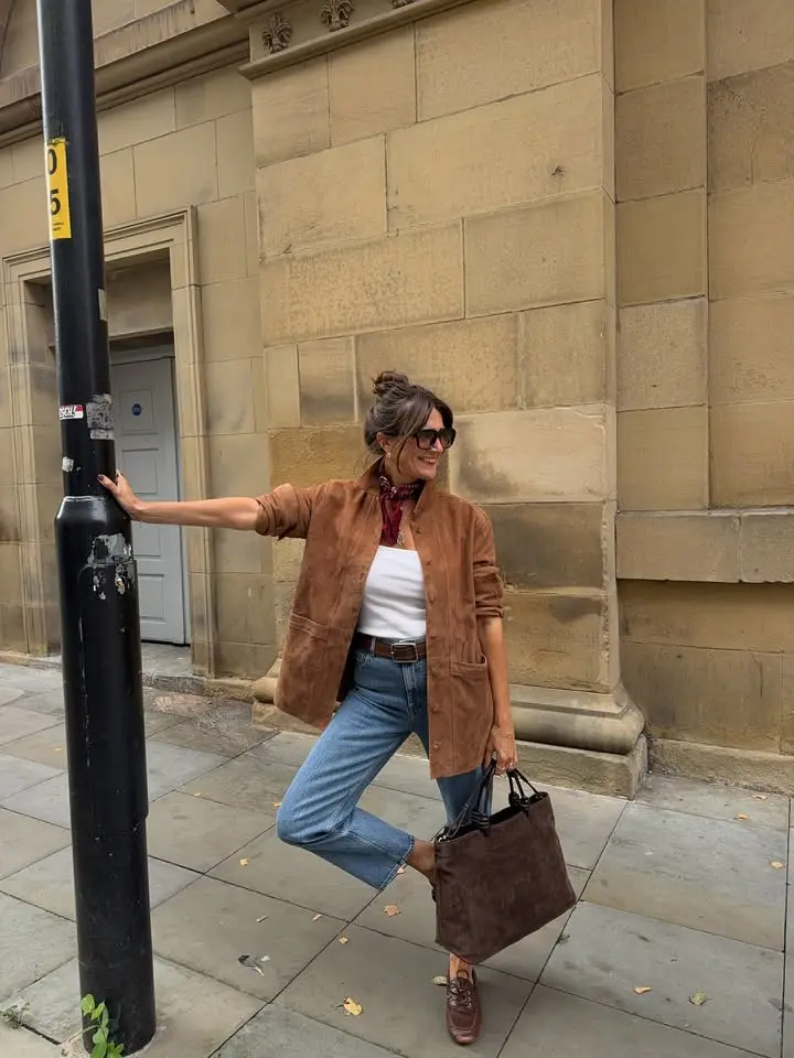 Brown Suede Shirt Jacket with Ecru Denim