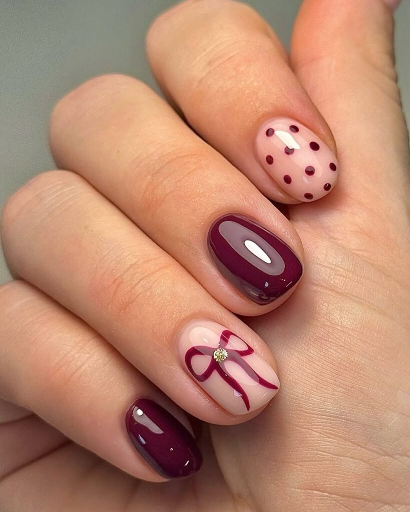 Burgundy Bow Accent Nails