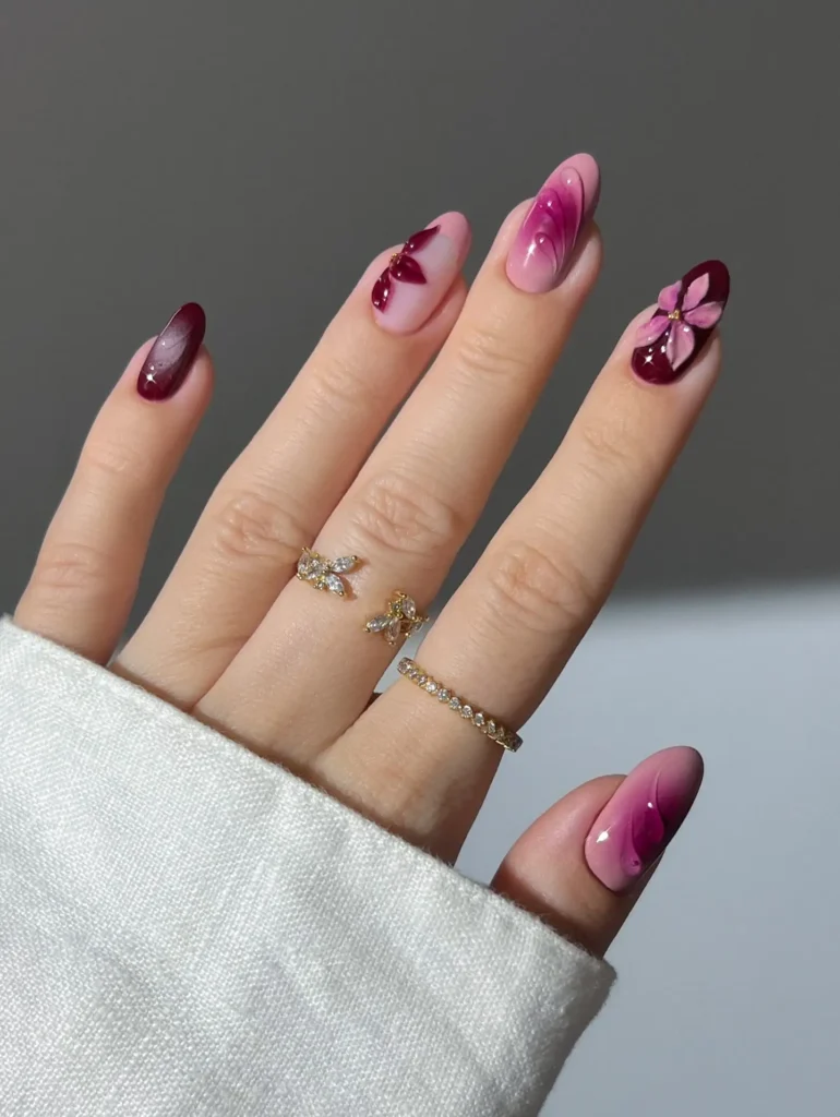Burgundy Floral Fall Nails