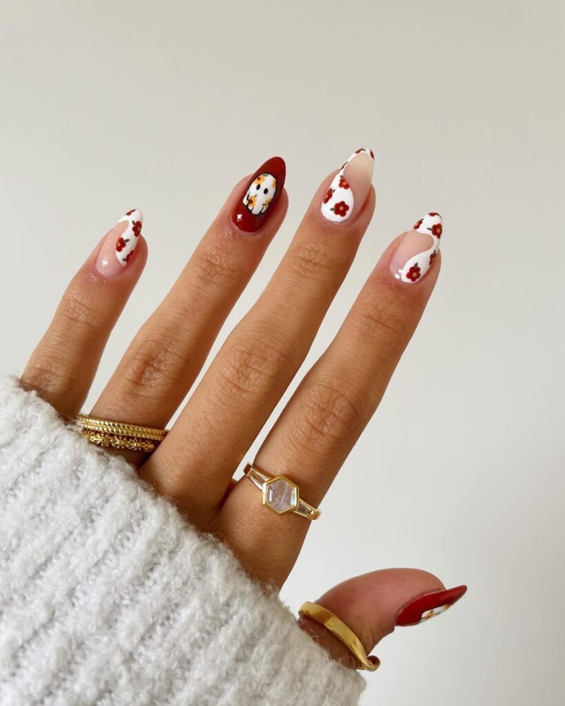 Burgundy Floral Ghost Nails