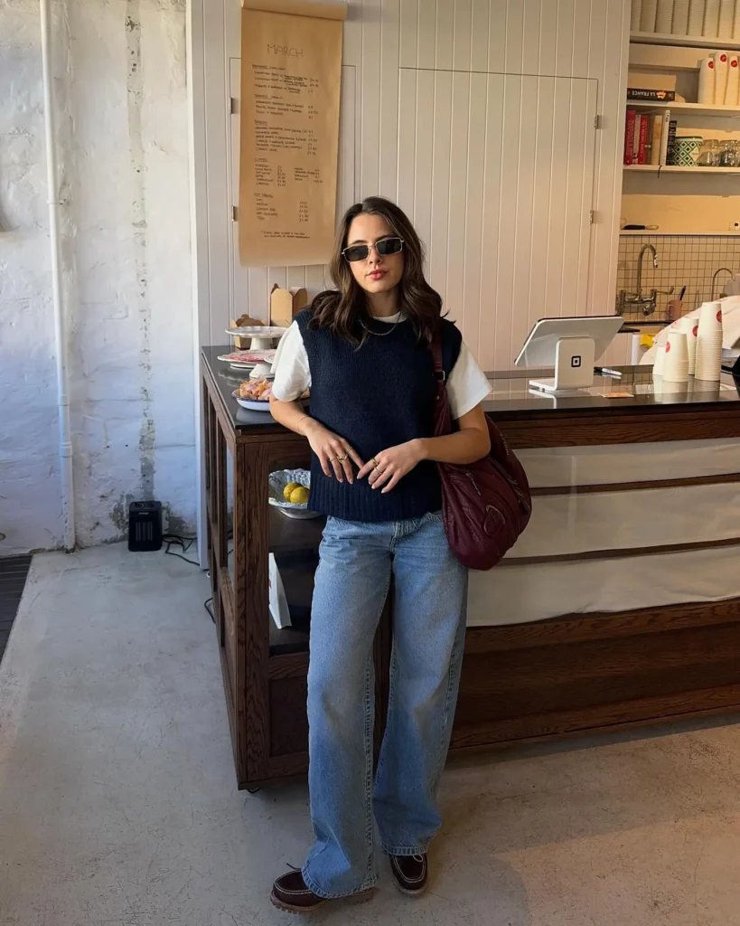 Cable Knit Sweater Vest with Wide-Leg Jeans