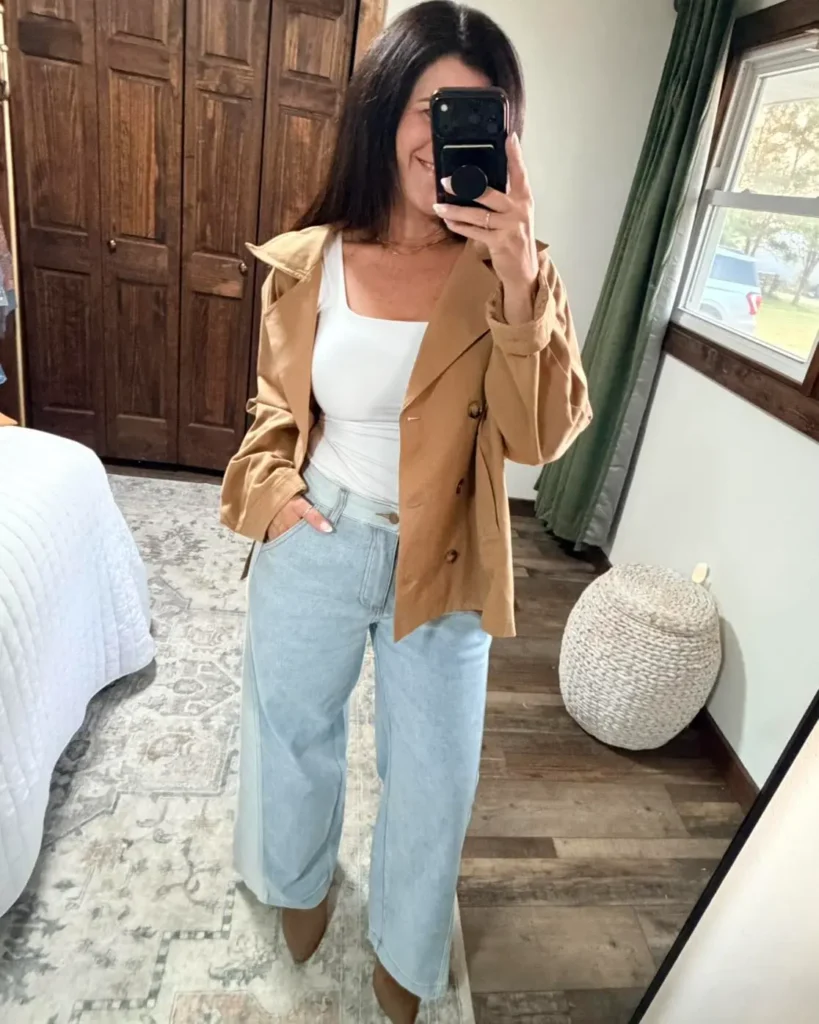 Camel Trench Coat with Wide-Leg Denim