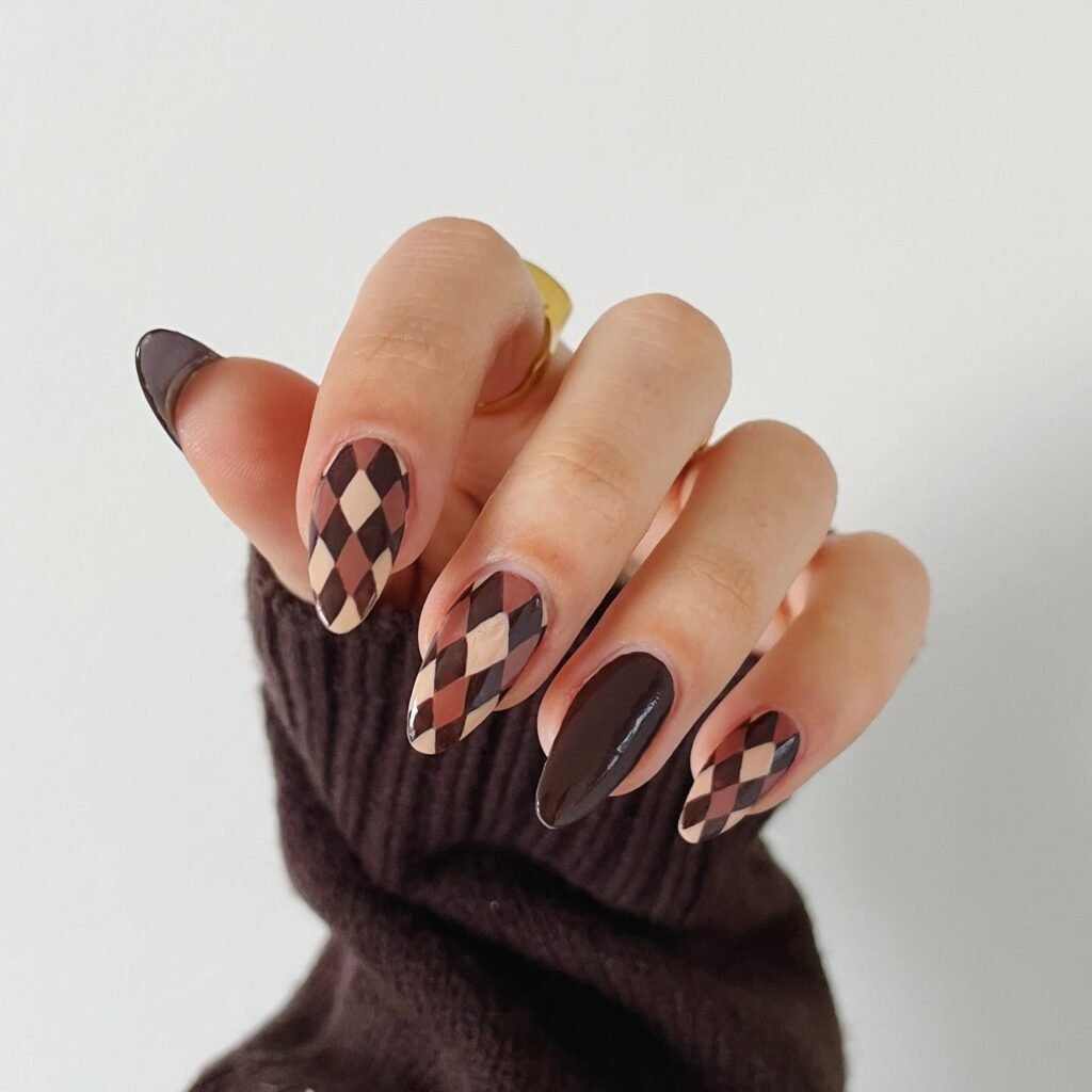Chocolate Argyle Almond Nails
