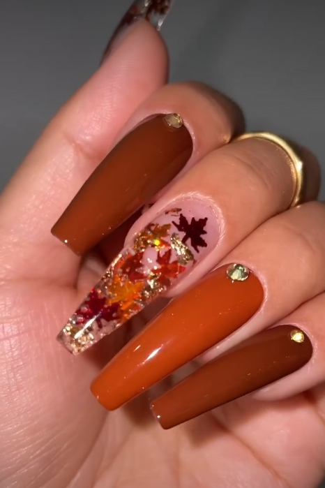 Glitter and Maple Leaf Coffin Nails
