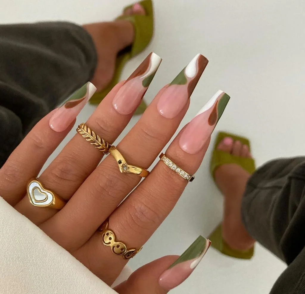 Green and Brown Swirl Coffin Nails