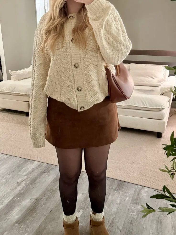 Knit Hoodie with Corduroy Mini Skirt