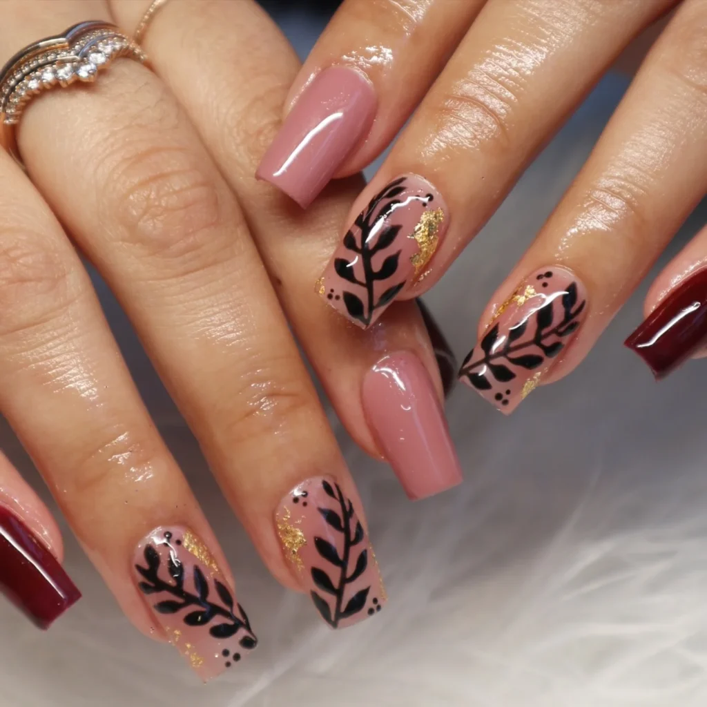 Mauve and Black Leaf Coffin Nails