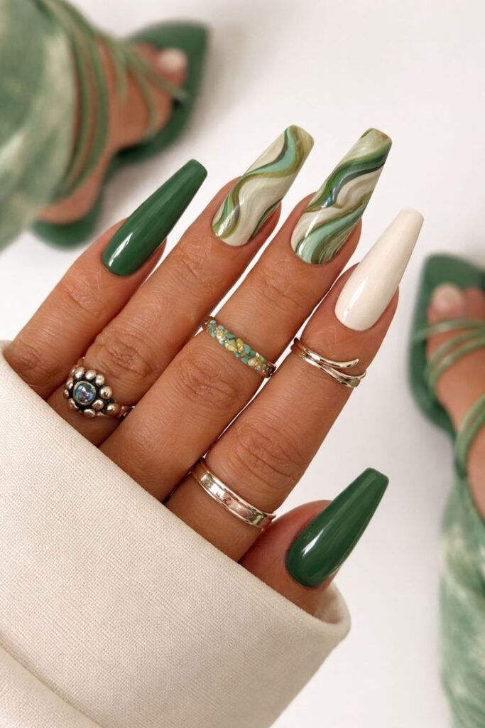 Olive Green Swirl-Line Nails