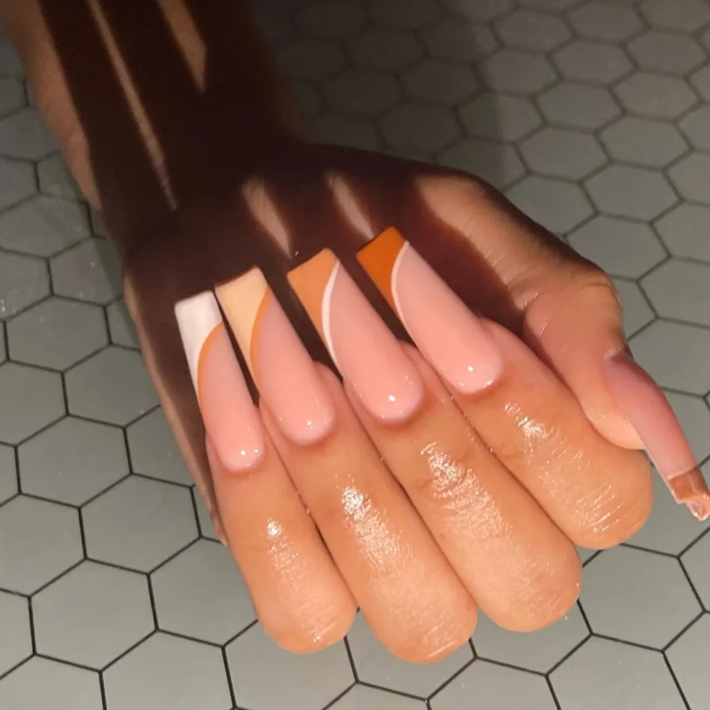 Orange and White Coffin Nails