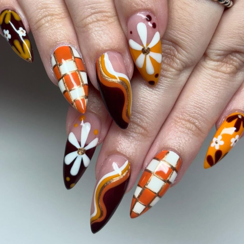 Rust Color-Block Checker Nails
