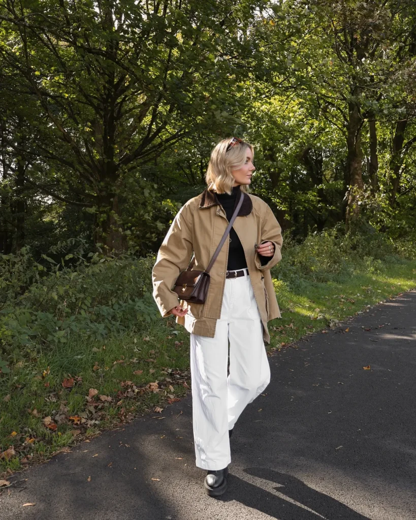 Rust Quilted Barn Jacket with Cream Jeans