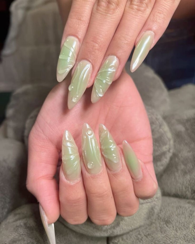 Sage Green Wavy Stripe Nails
