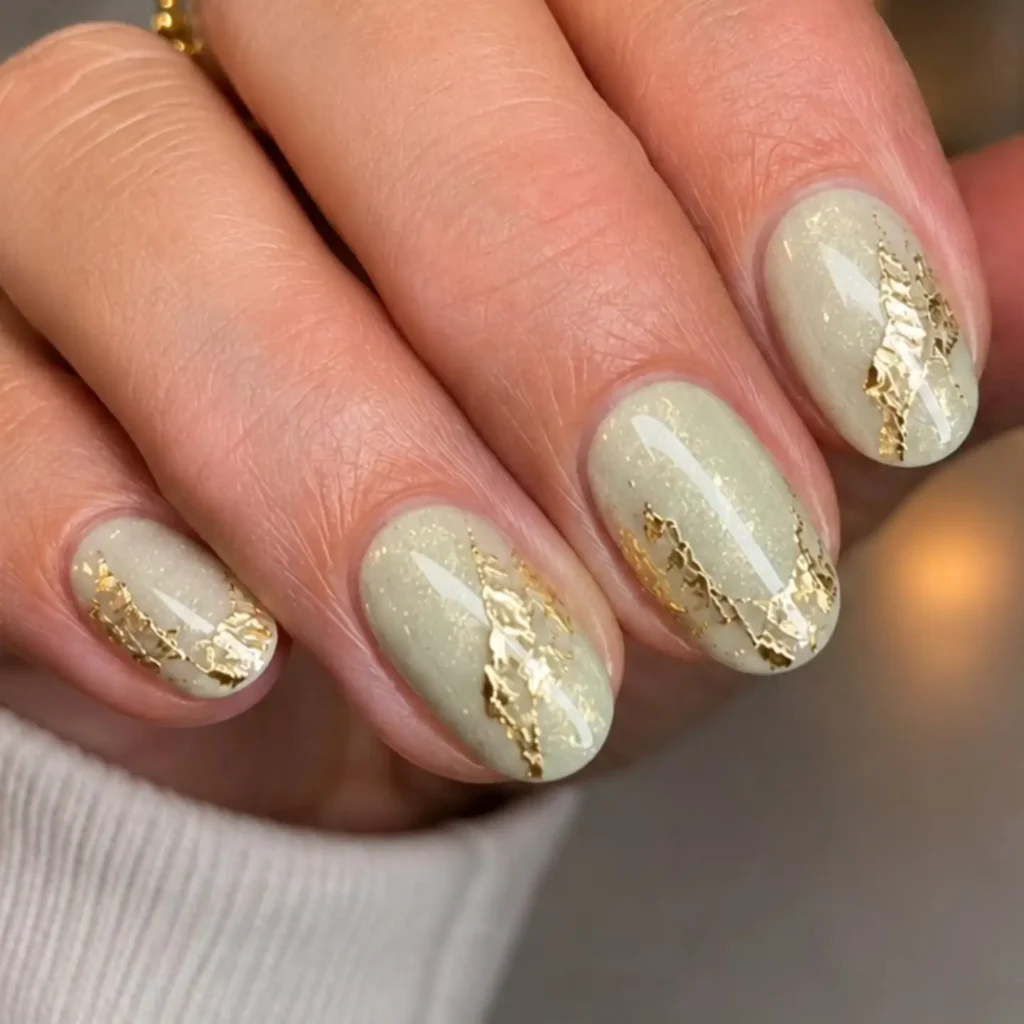 Sage and Gold Foil Nails
