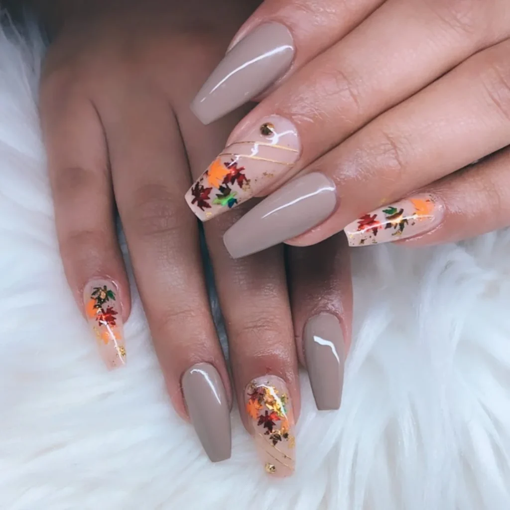 Taupe and Autumn Leaf Coffin Nails