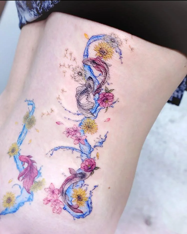 A Flowing Koi and Floral Scene