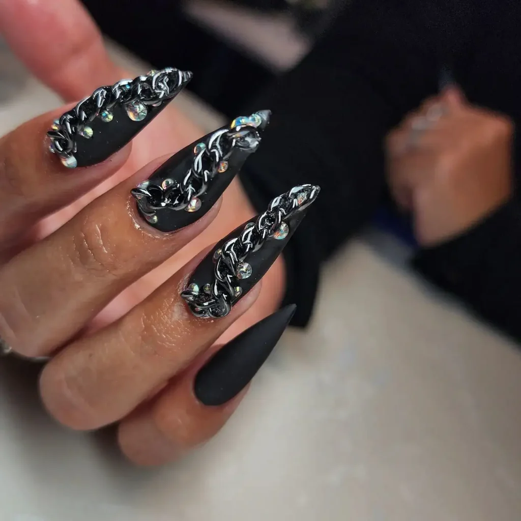 Chained Black Stiletto Nails