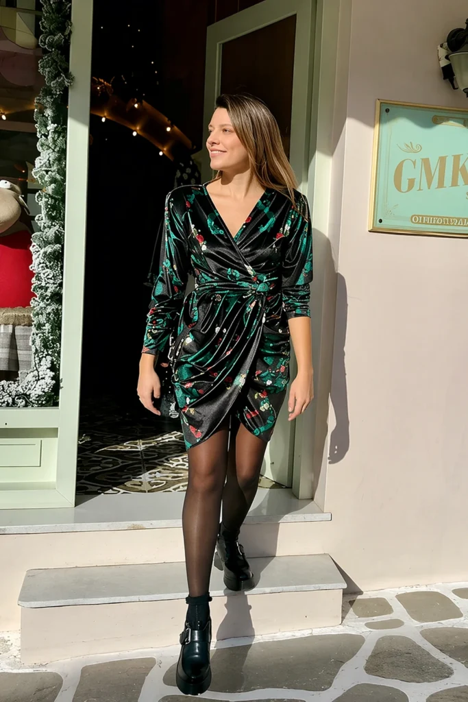 Floral Velvet Wrap Dress with Buckled Platform Boots