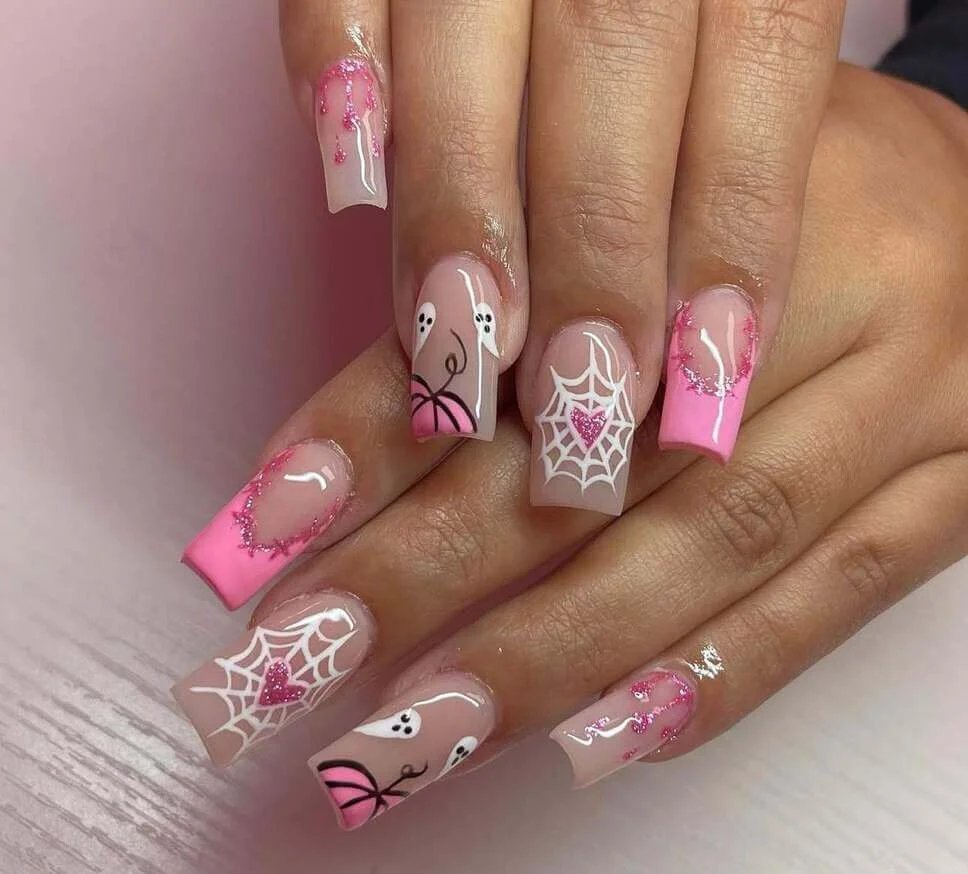 Pink Glitter Halloween Nails