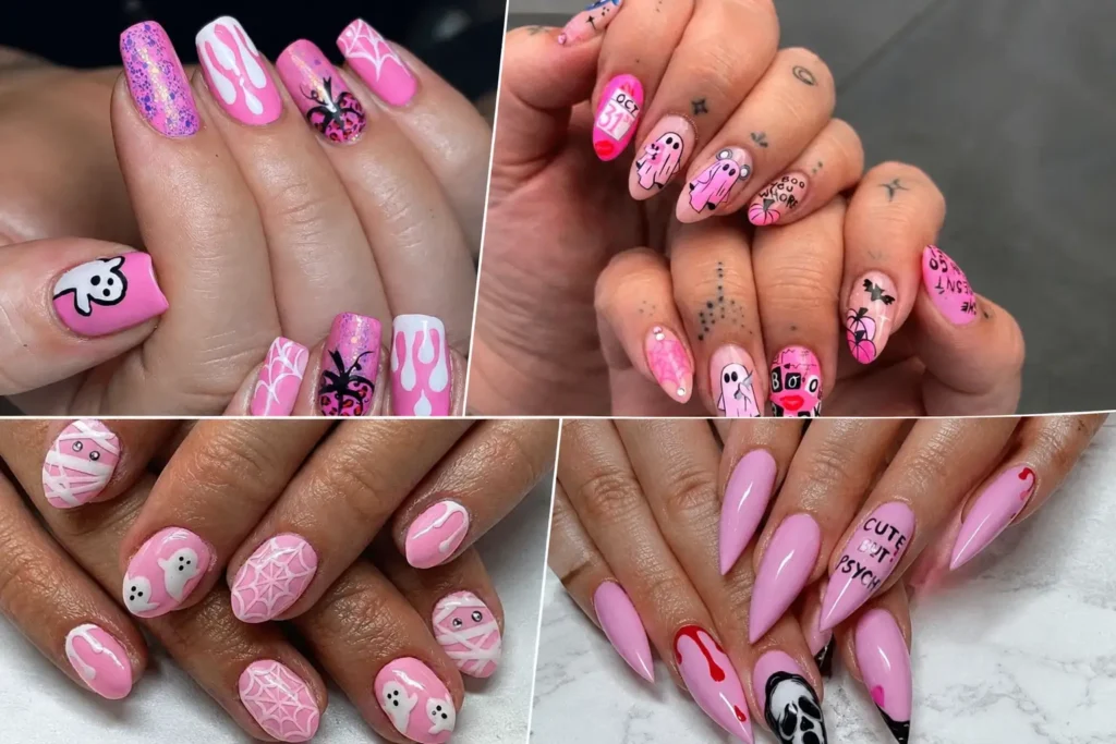 Pink Halloween Nails with Sweet Ghosts, Sparkle and Festive Flair