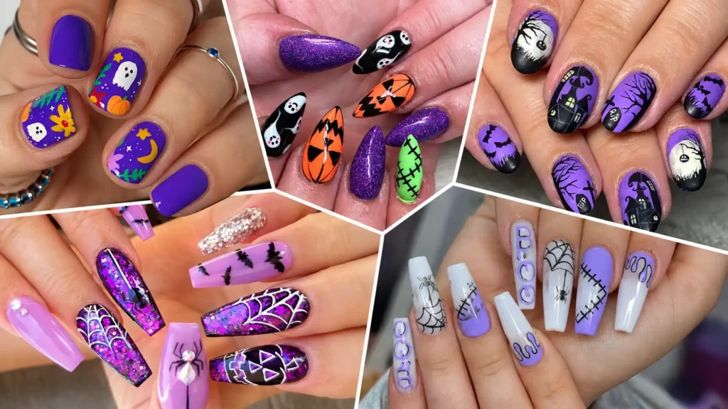 Purple Halloween Nails With Artistic Flair and Playful Spooky Details